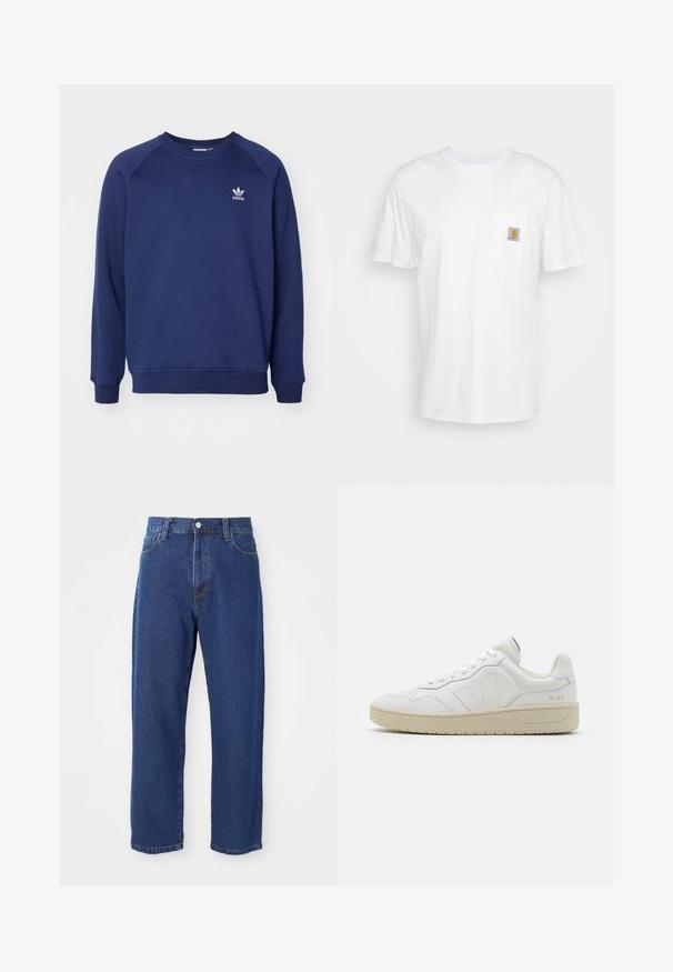 Dunkelblauer Sweatshirt aus weichem Stoff, mit Rundhalsausschnitt, Raglanärmel und kleinem weißen adidas-Logo auf der Brust.; Weißes Baumwoll-T-Shirt mit kurzen Ärmeln, einer Brusttasche und einem kleinen quadratischen Logopatch in Orange und Weiß auf der Tasche.; Hoch taillierte blaue Jeans aus Denim, mit geradem Bein, sichtbaren Nähten und einem Frontknopfverschluss.; Weiße Leder-Sneaker mit strukturierter Oberfläche und gepolstertem Kragen. Sie verfügen über eine beigen Gummisohle und dezente Markenkennzeichnung an der Ferse und an der Seite.