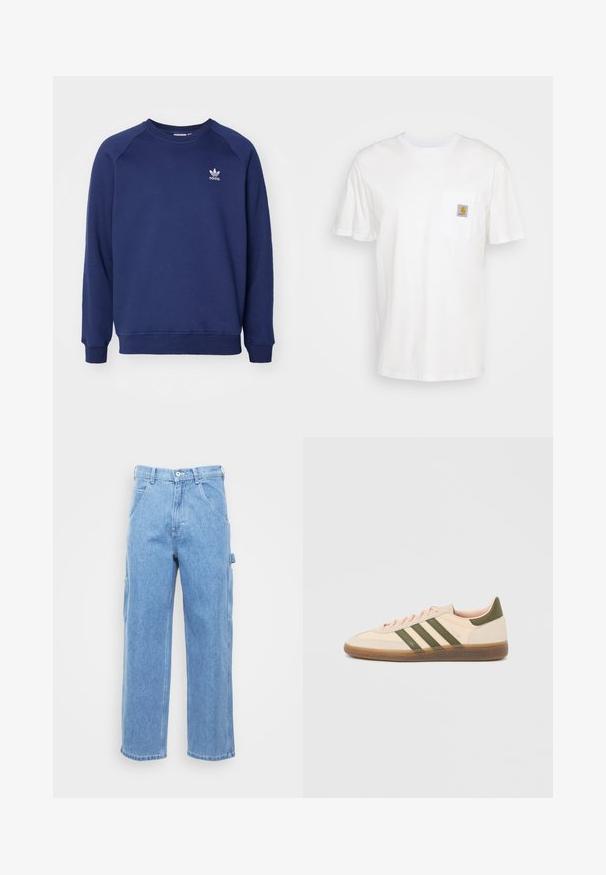 Tmavomodrá mikina vyrobená z mäkkého materiálu, s klasickým okrúhlym výstrihom, raglánovými rukávmi a malým bielym logom adidas na hrudi.; Biele bavlnené tričko s krátkymi rukávmi, vreckom na hrudi a malou štvorcovou nášivkou v oranžovej a bielej farbe na vrecku.; Svetlomodré džínsové cargo nohavice s rovnými nohavicami, prednými vreckami a bočnými cargo vreckami. Textúra látky je hladká s jemne vyblednutým povrchom.; Nízky béžový tenisky Adidas Spezial so zelenými pruhmi, gumovou podrážkou a nápisom „SPEZIAL“ na boku, zobrazené z vonkajšej strany.