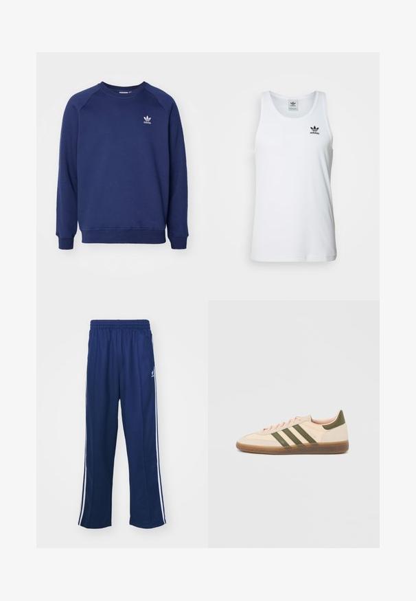 Tumesinine dressipluus pehmest kangast, millel on ümmargune kaelus, raglanvarrukad ja väike valge adidas logo rinnal.; Valge sooniline tank top ümmarguse kaelusega, must Adidas logo vasakul rinnal ning ilma varrukateta. Pehme puuvillane materjal, juhuslik sobivus.; Tumed sinised spordipüksid lõdva lõikega, valgete külgtriipudega ja elastse vöökoha ning sileda kangaga, ilma nähtavate mustrite või lisadega.; Madalprofiilne beež Adidas Spezial toss rohelist värvi triipude, kummist tallaga ja "SPEZIAL" brändinguga küljel, nähtav välisküljelt.
