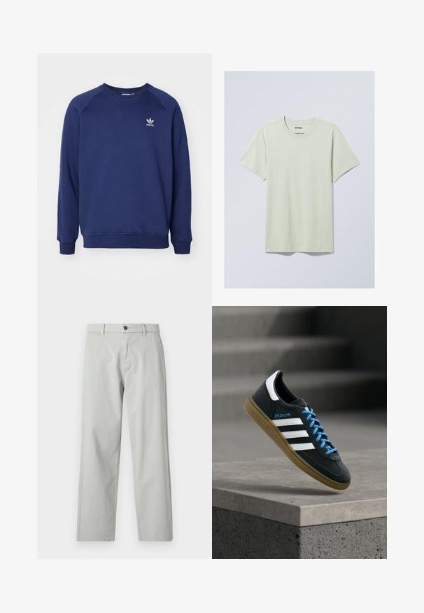 Tumesinine dressipluus pehmest kangast, millel on ümmargune kaelus, raglanvarrukad ja väike valge adidas logo rinnal.; Heledad roheline lühikeste varrukatega t-särk, mis on valmistatud pehmest puuvillast. Omab ümmargust kaelust ja lõdva istuvusega, lihtsa disaini ning ilma mustriteta.; Heledad hallhalli sirged püksid, mis on valmistatud siledast kudumisest. Omab esist nupulahtust ja küljetaskuid. Minimalistlik stiil.; Must Adidas toss valgete triibu, siniste paelte ja kummist tallaga, hõljuv pehme valgusega halli betoonastme kohal.