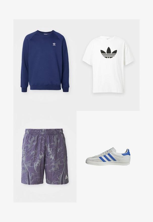 Marineblå sweatshirt lavet af blødt stof, med rund halsudskæring, raglanærmer og et lille hvidt adidas-logo på brystet.; Hvid bomulds t-shirt med et stort sort Adidas trefoil-logo og tre vandrette striber nedenunder. Korte ærmer, rund halsudskæring.; Lilla sports shorts med abstrakte sølv mønstre, elastisk talje, sidelister og Adidas-logo på nederste højre ben.; Hvide sneakers med blå og grå detaljer, med tre signaturstriber, snørebånd foran og en tekstureret sål.