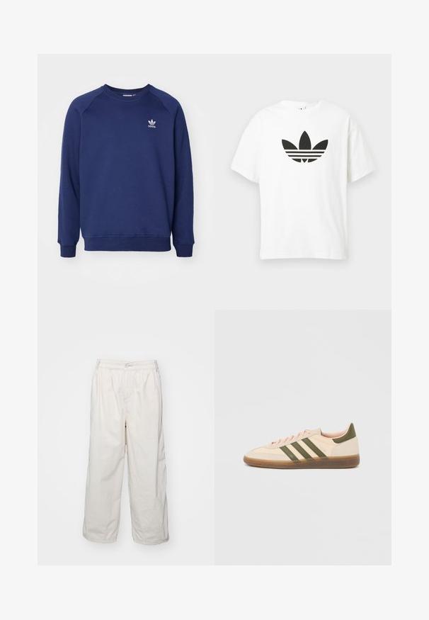 Tummansininen collegepaita, joka on valmistettu pehmeästä kankaasta. Hiihtäjämallinen kaula-aukko, raglan-hihat ja pieni valkoinen adidas-logo rinnassa.; Valkoinen puuvillateeppari, jossa on suuri musta Adidas-trefoil-logo ja kolme vaakasuoraa raitaa alla. Lyhyet hihat, pyöreä kaula-aukko.; Valkoiset puuvillaiset leveälahkeiset housut, joissa on joustava vyötärö, etupainike ja sivutaskut. Sujuva pinta ja minimalismi muotoilu.; Matala profiilinen beige Adidas Spezial -lenkkarit vihreillä raidoilla, kumipohjalla ja "SPEZIAL"-logolla sivussa, kuvattuna ulkopuolelta.