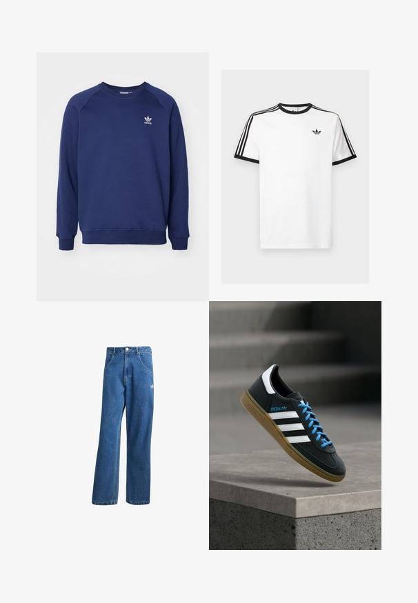 Sudadera de color azul marino hecha de tela suave, con cuello redondo, mangas raglán y un pequeño logo blanco de adidas en el pecho.; Camiseta de algodón blanca con cuello y mangas de canalé negro, con tres rayas negras en cada hombro y un pequeño logo en el pecho.; Vaqueros de mezclilla anchos de talle alto en azul, con bolsillos frontales, presillas para cinturón, cierre de botón y pequeño logo de Adidas en el muslo derecho.; Zapatilla negra Adidas con franjas blancas, cordones azules y suela de goma flotando sobre un escalón de hormigón gris con luz suave.
