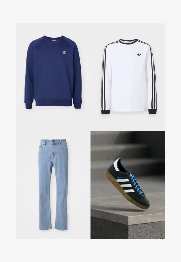 Tmavomodrá mikina vyrobená z mäkkého materiálu, s klasickým okrúhlym výstrihom, raglánovými rukávmi a malým bielym logom adidas na hrudi.; Biele tričko Adidas s dlhým rukávom, čiernym okrúhlym výstrihom, čiernymi manžetami, tromi čiernymi pruhmi na rukávoch a čiernym logom trefoil na hrudi.; Svetlomodré džínsy s rovnými nohavicami, päť vrecúškovým štýlom, s jedným gombíkom na uzatvorenie a jemným efektom blednutia.; Čierna teniska Adidas s bielymi pruhmi, modrými šnúrkami a gumovou podrážkou, ktorá sa vznáša nad sivým betónovým schodom v mäkkom svetle.