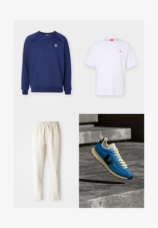 Tumesinine dressipluus pehmest kangast, millel on ümmargune kaelus, raglanvarrukad ja väike valge adidas logo rinnal.; Valge puuvillane T-särk lühikeste varrukatega, ümmarguse kaeluse ja väikese punase ristkülikukujulise Diesel logo ka vasakul rinnal.; Heledad beeži puuvillased püksid elastse vöökoha, känguru ja sirgete jalgadega. Sile tekstuur ning ei ole nähtavaid mustreid ega metallosad.; Sinine ja beež vabaajajalats musta logoga ja beežide paeltega hõljumas kivitänava ja treppide kohal pehmes loomulikus valguses.