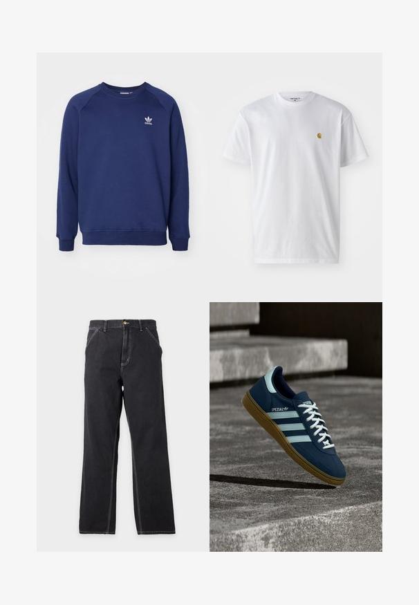 Tmavomodrá mikina vyrobená z mäkkého materiálu, s klasickým okrúhlym výstrihom, raglánovými rukávmi a malým bielym logom adidas na hrudi.; Biele bavlnené tričko s krátkymi rukávmi, okrúhlym výstrihom, s malým zlatým logom na ľavej strane hrude. Mäkká textúra a normálny strih.; Čierne rifle s rovnými nohavicami, prednými vreckami, pútkami na opasok a viditeľným bielym prešitím na jednoduchom svetlosivom pozadí.; Modré tenisky Adidas Spezial s bielymi pruhmi a šnúrkami, gumovou podrážkou, plávajúce nad drsným betónovým povrchom a schodmi v pozadí.