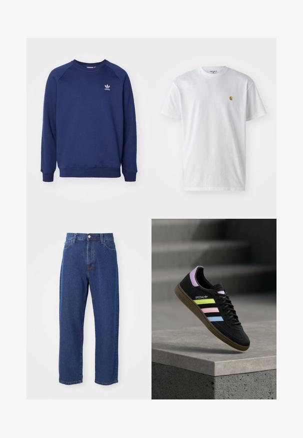 Tumesinine dressipluus pehmest kangast, millel on ümmargune kaelus, raglanvarrukad ja väike valge adidas logo rinnal.; Valge puuvillane t-särk lühikeste varrukatega, ümmargune kaelus, millel on väike kuldne logo vasakul rinnal. Pehme tekstuur ja regulaarne lõike.; Kõrge vöökohaga sinised teksad, mis on valmistatud denimist, sirgete jalgade siluetiga, nähtava õmblusega ja ees oleva nupuga kinnitusega.; Must Adidas Spezial toss sinised, roosad ja kollased pastelltriipud, lavendlivärvilise kannaosaga ja pruun tallaga, hõljumas betoonserva kohal.