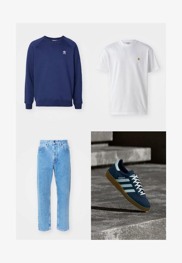 Sudadera de color azul marino hecha de tela suave, con cuello redondo, mangas raglán y un pequeño logo blanco de adidas en el pecho.; Camiseta de algodón blanca con mangas cortas, cuello redondo, que presenta un pequeño logo dorado en la parte izquierda del pecho. Textura suave y corte regular.; Los vaqueros de mezclilla azul claro presentan un diseño de pierna recta, cinco bolsillos y un clásico cierre de botón en la cintura.; Zapatilla azul Adidas Spezial con rayas y cordones blancos, suela de goma, flotando sobre una superficie de hormigón rugosa y escaleras de fondo.