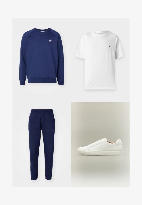 Tmavomodrá mikina vyrobená z mäkkého materiálu, s klasickým okrúhlym výstrihom, raglánovými rukávmi a malým bielym logom adidas na hrudi.; Biela bavlnená tričko s okrúhlym výstrihom, krátkymi rukávmi a malým čiernym logom na hrudníku. Mäkká štruktúra, voľný strih.; Námornícke modré tepláky vyrobené z bavlnenej zmesi, s elastickým pásom, zúženým strihom nohy a jemným logom na boku.; Biela nízka teniska so šnurovaním a plochou podrážkou, zobrazená z boku na neutrálnom pozadí.