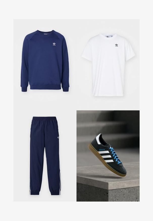 Sudadera de color azul marino hecha de tela suave, con cuello redondo, mangas raglán y un pequeño logo blanco de adidas en el pecho.; Camiseta blanca de algodón con mangas cortas, escote redondo y un logo negro de Adidas con tres franjas en la zona del lado izquierdo del pecho.; Pantalones de chándal azul marino hechos de tela ligera, con franjas blancas a los lados, cintura elástica y un pequeño logo.; Zapatilla negra Adidas con franjas blancas, cordones azules y suela de goma flotando sobre un escalón de hormigón gris con luz suave.
