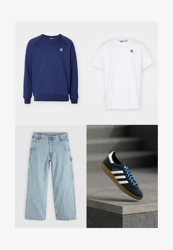 Sudadera de color azul marino hecha de tela suave, con cuello redondo, mangas raglán y un pequeño logo blanco de adidas en el pecho.; Camiseta blanca de algodón con mangas cortas, escote redondo y un logo negro de Adidas con tres franjas en la zona del lado izquierdo del pecho.; Vaqueros de mezclilla azul claro con pierna recta, bolsillos delanteros, trabillas para cinturón, cierre de botones y un lazo lateral para herramientas.; Zapatilla negra Adidas con franjas blancas, cordones azules y suela de goma flotando sobre un escalón de hormigón gris con luz suave.