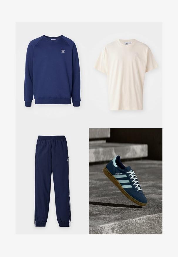 Tmavomodrá mikina vyrobená z mäkkého materiálu, s klasickým okrúhlym výstrihom, raglánovými rukávmi a malým bielym logom adidas na hrudi.; Krémové bavlnené tričko s okrúhlym výstrihom a krátkymi rukávmi; má malé, svetlého odtieňa logo na hrudi.; Tmavomodré teplákové nohavice z ľahkej látky, s bielymi pruhmi po bokoch, elastickým pásom a malým logom.; Modré tenisky Adidas Spezial s bielymi pruhmi a šnúrkami, gumovou podrážkou, plávajúce nad drsným betónovým povrchom a schodmi v pozadí.