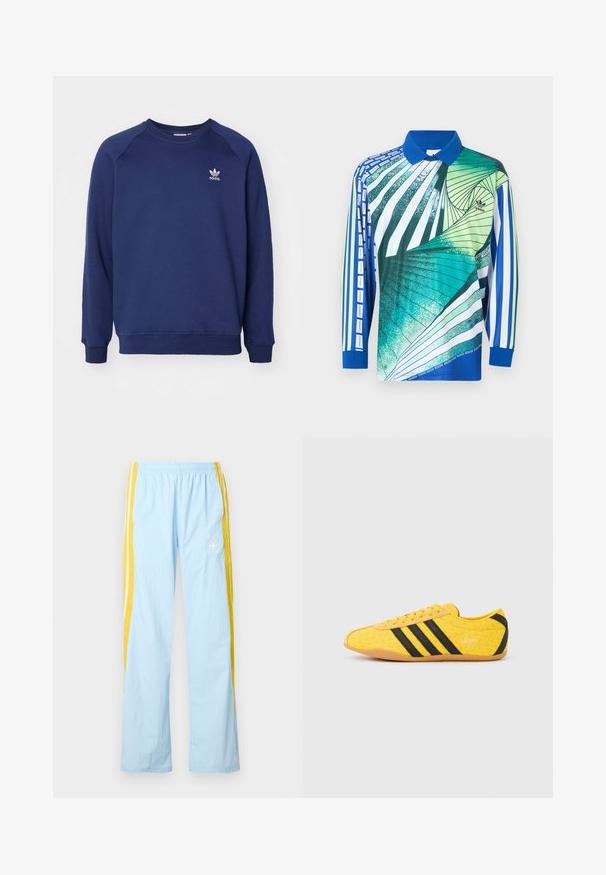 Marineblå sweatshirt lavet af blødt stof, med rund halsudskæring, raglanærmer og et lille hvidt adidas-logo på brystet.; Langærmet polo med blå krave, abstrakte grønne, grønblå, hvide og blå spiral- og stribemønstre, Adidas-logo på brystet.; Lyseblå sportbukser med gule striber i siden, elastisk talje, løs pasform og et diskret logo foran. Fremstillet af letvægtsmateriale.; Gul atletiksko med en tekstureret overdel, der har sorte striber og logo. Rundt tå, blød sål og zigzag-mønster på materialet.