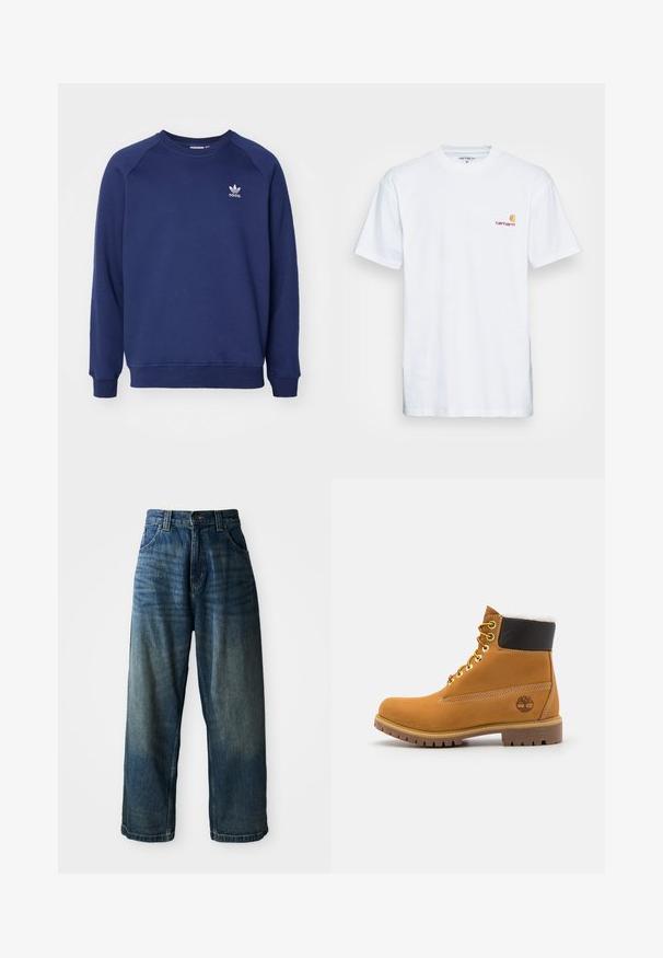 Tmavomodrá mikina vyrobená z mäkkého materiálu, s klasickým okrúhlym výstrihom, raglánovými rukávmi a malým bielym logom adidas na hrudi.; Biala bavlnená tričko s krátkymi rukávmi. Navrhnuté s malým oranžovým a vínovým logom na ľavej strane hrude. Obsahuje klasický crew neck.; Džínsové nohavice s širokými nohavicami v modrej farbe so zosvetleným povrchom. Obsahujú päť vreciek, zapínanie na gombík a kontrastné prešívanie. Tkanina je ťažká.; Hnedé kožené ankle boot s kovovými očkami, bielym kožúškom vo vnútri, čiernym vypolstrovaným golierom, robustnou podrážkou a vyrazeným logom na boku.