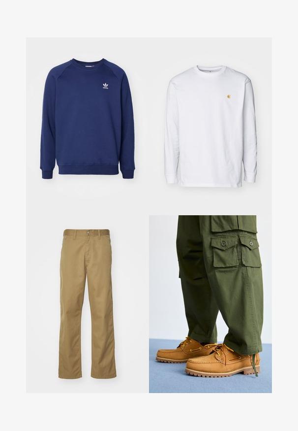 Tmavomodrá mikina vyrobená z mäkkého materiálu, s klasickým okrúhlym výstrihom, raglánovými rukávmi a malým bielym logom adidas na hrudi.; Biely tričko s dlhým rukávom z bavlny. Na hrudi má malé zlaté logo a okrúhly výstrih. Jednoduchý dizajn a štandardný strih.; Khaki chino nohavice so rovnými nohavicami vyrobené z hladkej bavlnenej tkaniny. Majú predné zapínanie na gombík a bočné vrecká.; Timberland AUTHENTIC 3 EYE - Jachtárska obuv - wheat