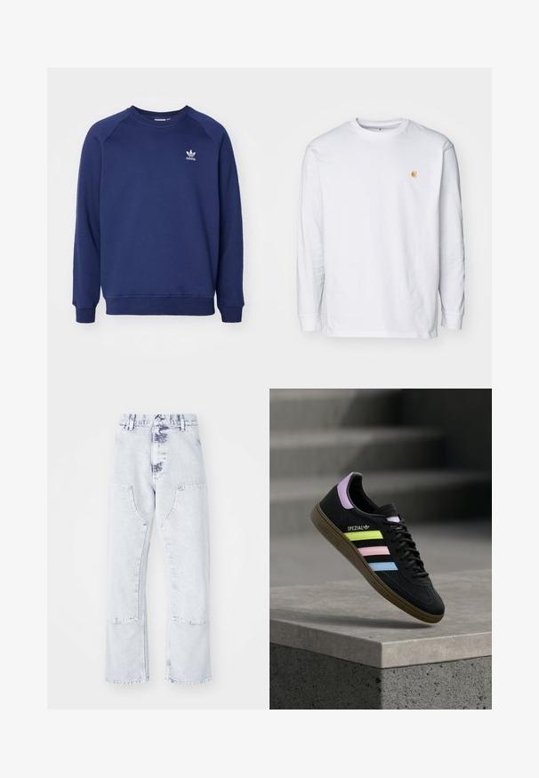 Tmavomodrá mikina vyrobená z mäkkého materiálu, s klasickým okrúhlym výstrihom, raglánovými rukávmi a malým bielym logom adidas na hrudi.; Biely tričko s dlhým rukávom z bavlny. Na hrudi má malé zlaté logo a okrúhly výstrih. Jednoduchý dizajn a štandardný strih.; Svetlo modré denimové rovné nohavice s náprsními vreckami, vysokým pásom a vyblednutým vzhľadom. Obsahuje tónové švíky a voľný strih.; Čierna teniska Adidas Spezial s pastelovo žltými, ružovými a modrými pruhmi, levanduľovým jazýčkom na päte a hnedou podrážkou, vznášajúca sa nad betónovou hranou.