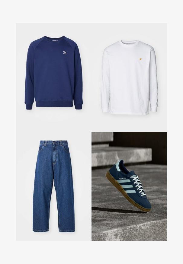 Dunkelblauer Sweatshirt aus weichem Stoff, mit Rundhalsausschnitt, Raglanärmel und kleinem weißen adidas-Logo auf der Brust.; Weißes Langarm-T-Shirt aus Baumwolle. Mit kleinem goldenem Logo auf der Brust und Rundhalsausschnitt. Einfaches Design und normale Passform.; Weite Jeans aus Denim in Dunkelblau. Hohe Taille, Gürtelschlaufen und klassisches Fünf-Taschen-Design. Gestickter Saum mit sauberem Finish.; Blauer Adidas Spezial Sneaker mit weißen Streifen und Schnürsenkeln, Gummisohle, schwebend über rauer Betonoberfläche und Treppen im Hintergrund.
