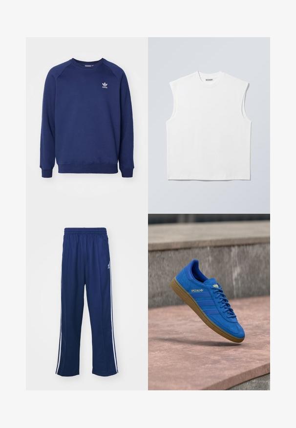 Dunkelblauer Sweatshirt aus weichem Stoff, mit Rundhalsausschnitt, Raglanärmel und kleinem weißen adidas-Logo auf der Brust.; Weißes ärmelloses Baumwolltop mit Rundhalsausschnitt und strukturierten Schultern, mit "WEEKDAY" auf dem Kragenetikett versehen, vor hellgrauem Hintergrund dargestellt.; Marineblaue Sporthosen mit einem lockeren Schnitt, ausgestattet mit weißen seitlichen Streifen und einem elastischen Bund. Glattes Material, keine sichtbaren Muster oder Beschläge.; Blauer Adidas Spezial Sneaker mit Gummisohle, Schnürsenkel gebunden, schwebend über einer glatten Steinoberfläche nahe einer grauen Betonwand.