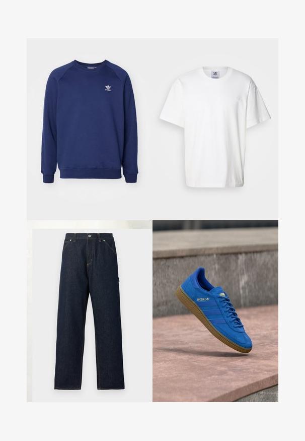 Sudadera de color azul marino hecha de tela suave, con cuello redondo, mangas raglán y un pequeño logo blanco de adidas en el pecho.; Camiseta de algodón blanca con cuello redondo y mangas cortas. Presenta un pequeño logotipo bordado en el pecho. Diseño simple y clásico.; Vaqueros de mezclilla de pierna recta en azul oscuro, con bolsillos delanteros, trabillas para cinturón y cierre de botón en la cintura, sobre un fondo liso.; Zapatilla Adidas Spezial azul con suela de goma, cordones atados, suspendida sobre una superficie de piedra lisa cerca de una pared de hormigón gris.