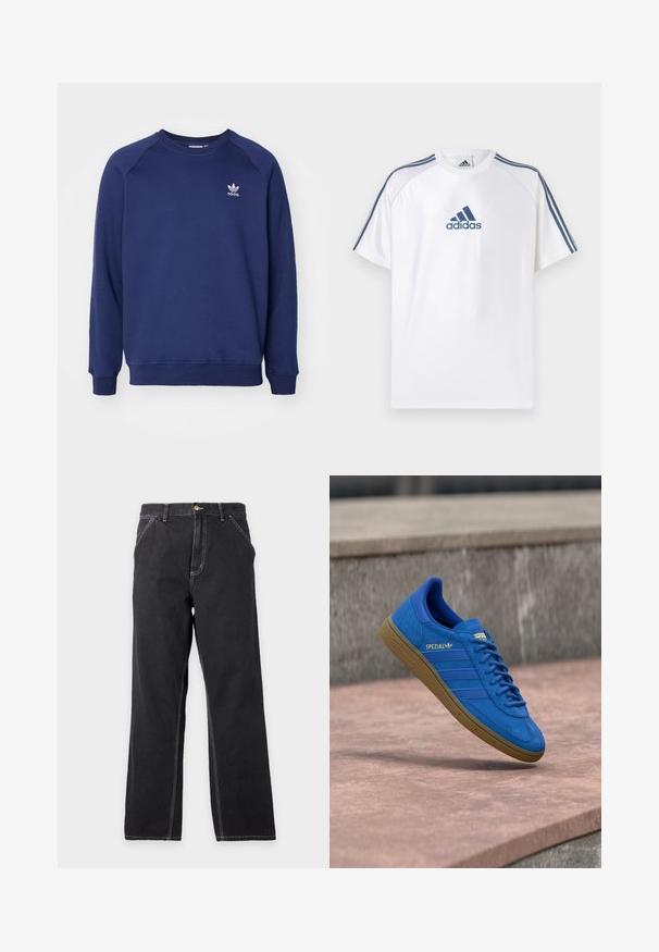 Tmavomodrá mikina vyrobená z mäkkého materiálu, s klasickým okrúhlym výstrihom, raglánovými rukávmi a malým bielym logom adidas na hrudi.; Biele tričko Adidas s modrými akcentmi, krátkymi rukávmi a okrúhlym výstrihom. Na prednej strane je modré logo Adidas a na ramenách tri pruhy.; Čierne rifle s rovnými nohavicami, prednými vreckami, pútkami na opasok a viditeľným bielym prešitím na jednoduchom svetlosivom pozadí.; Modrá teniska Adidas Spezial s gumovou podrážkou, šnúrky zviazané, zavesená nad hladkým kamenným povrchom blízko sivej betónovej steny.