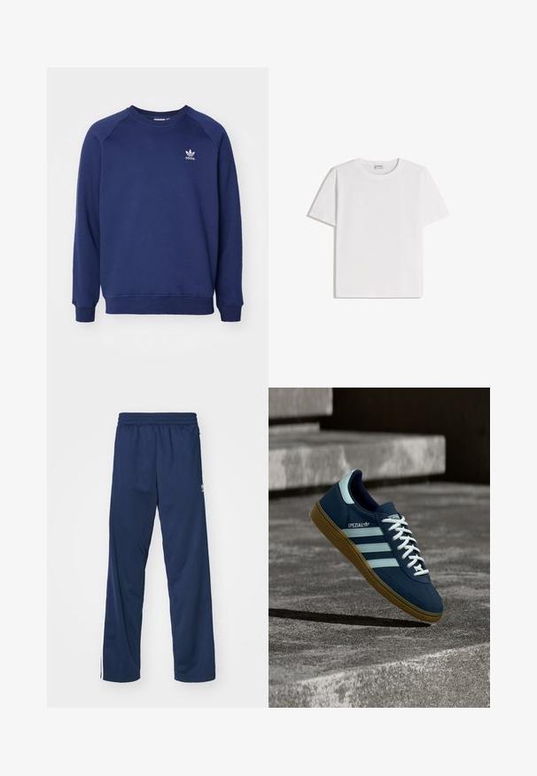 Tmavomodrá mikina vyrobená z mäkkého materiálu, s klasickým okrúhlym výstrihom, raglánovými rukávmi a malým bielym logom adidas na hrudi.; Biele tričko z bavlny s okrúhlym výstrihom a krátkymi rukávmi. Má klasický, hranatý tvar bez viditeľných vzorov alebo ozdôb.; Námornícke modré športové nohavice s elastickým pásom, s bielymi postrannými pruhmi a logom na ľavom stehne.; Modré tenisky Adidas Spezial s bielymi pruhmi a šnúrkami, gumovou podrážkou, plávajúce nad drsným betónovým povrchom a schodmi v pozadí.