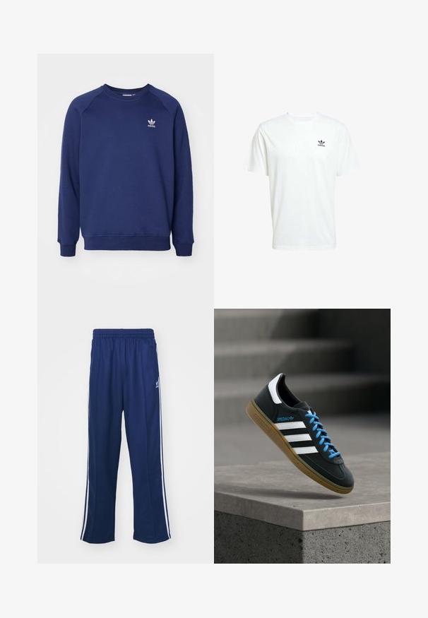 Marineblå sweatshirt lavet af blødt stof, med rund halsudskæring, raglanærmer og et lille hvidt adidas-logo på brystet.; Hvid bomulds t-shirt med korte ærmer og rund hals. Har et lille sort Adidas-logo på venstre brystområde.; Marineblå sportbukser med en afslappet pasform, udstyret med hvide sidestativer og elastisk talje. Glat stof, ingen synlige mønstre eller hardware.; Sort Adidas sneaker med hvide striber, blå snørebånd og gummisål, der svæver over gråt betontrin i blødt lys.