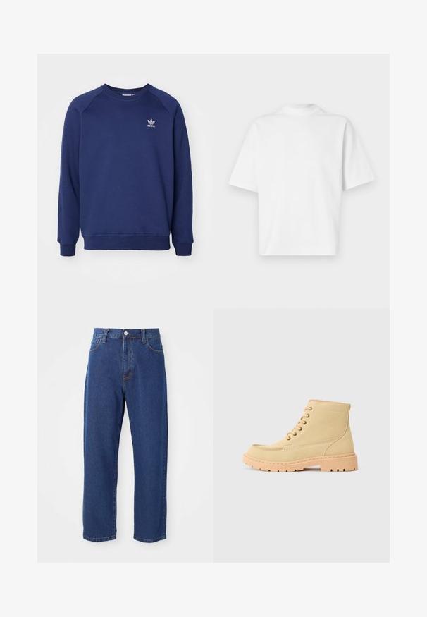 Marineblå sweatshirt lavet af blødt stof, med rund halsudskæring, raglanærmer og et lille hvidt adidas-logo på brystet.; Simpel hvid oversized T-shirt med korte ærmer og høj rund halsudskæring på en hvid baggrund.; Høj taljede blå jeans i denim, med lige ben silhuet, synlige stikninger og en frontknaplukning.; Beige ruskind ankelstøvler med en beige gummisål, der har snørebånd og synlige søm langs kanterne.