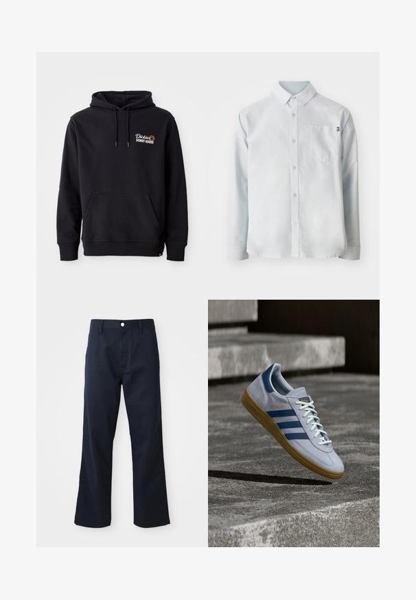 Mustat collegepaidat, jotka on valmistettu puuvillasekoitekankaasta. Niissä on etutasku, ribbitaskut ja brodeerattu logo vasemmassa rinnassa.; New Balance OXFORD - Vapaa-ajan kauluspaita - blue; Navy blue puuvillahousut suoran lahkeen muotoilulla, joissa on vetoketjukiinnitys, nappisulku ja etutaskut. Sujuva pinta ja siisti viimeistely.; Vaaleansiniset Adidas Spezial -lenkkarit tummansinisillä raidoin ja kumipohjalla, esitetty ilmassa betonportaiden yllä neutraalissa ulkoilmaympäristössä.