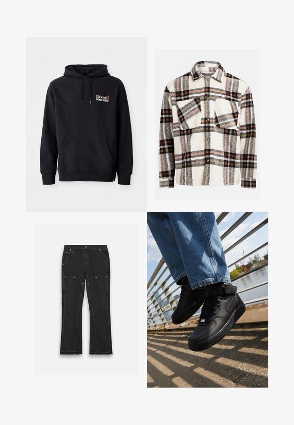 Sort hoodie lavet af bomuldsblandingsstof, med en lomme foran, ribbede manchetter og et broderet logo på venstre bryst.; Hvid flannel skjorte med et ternet mønster, der har sorte, orange og brune linjer. Knaplukning foran med to brystlommer. Blød tekstur.; Sorte denimbukser med lige ben-design, der har to forlommer, metallisk hardware og en rå kantdetalje nederst.; Sorte Nike Air Force 1 sneakers med læderoverdel, mesh-tunge og gummisål, der har et høj-top design og tykke snørebånd.