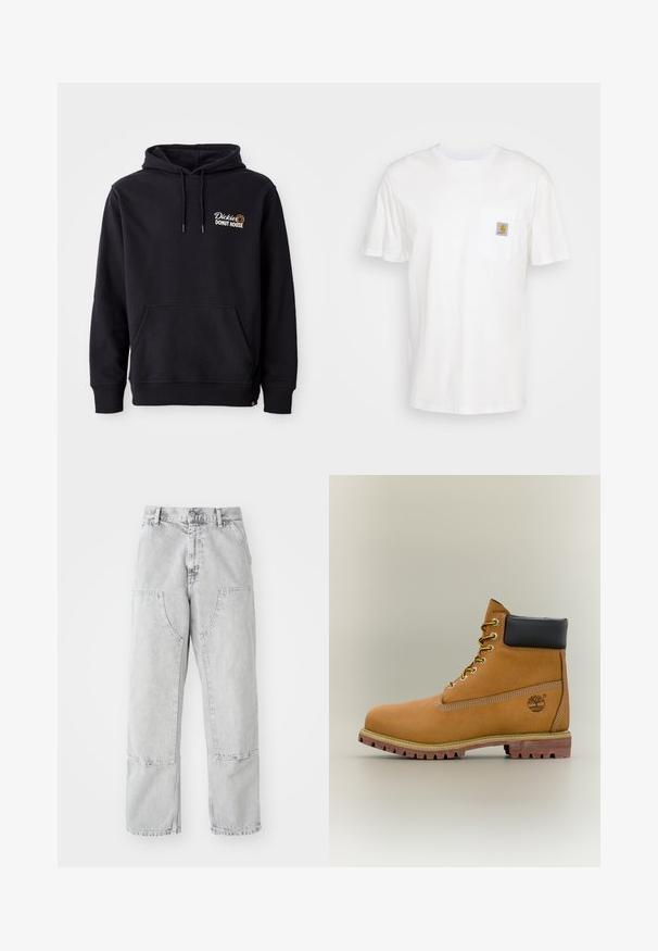Sudadera negra de tejido de mezcla de algodón, con un bolsillo frontal, puños acanalados y un logo bordado en el lado izquierdo del pecho.; Camiseta de algodón blanca con mangas cortas, un bolsillo en el pecho y un pequeño parche cuadrado de logo en naranja y blanco en el bolsillo.; Pantalones de mezclilla gris claro con un corte holgado, que presentan grandes bolsillos laterales, costuras visibles y un diseño de pierna recta. Pasadores para cinturón en la cintura.; Bota de tobillo de cuero marrón con cuello negro, cordones amarillos y suela beige. Presenta un logotipo y detalles de costura blanca. Suela exterior con tracción robusta.
