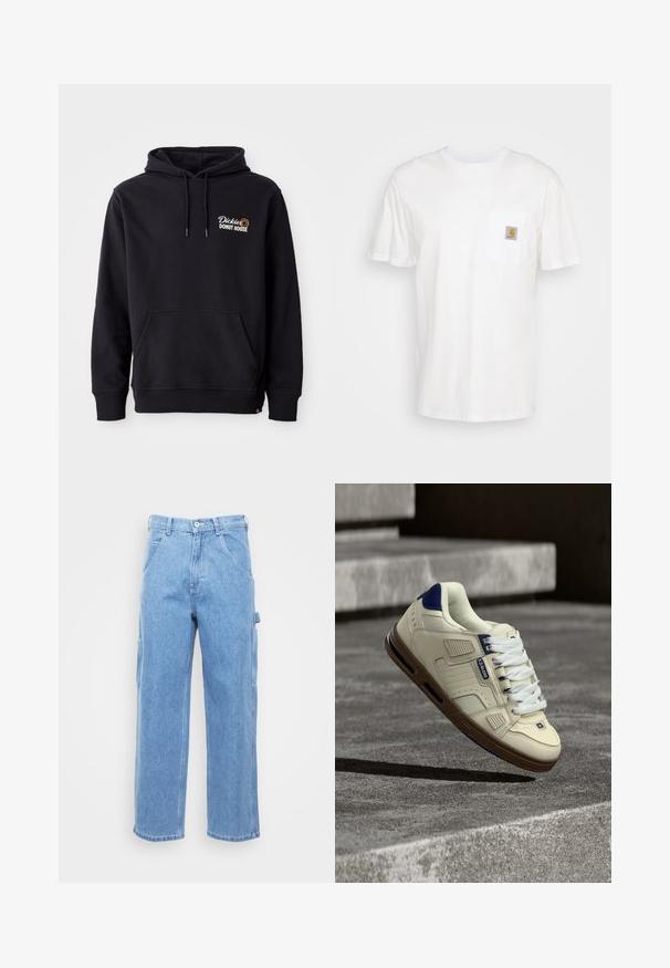 Zwarte hoodie van een katoenmix, met een voorzak, ribbelkanten manchetten en een geborduurd logo op de linkerborst.; Witte katoenen t-shirt met korte mouwen, een borstzak en een klein vierkant logo-opdruk in oranje en wit op de zak.; Lichtblauwe denim cargobroek met rechte pijpen, voorzakken en zijcargozakken. De stof heeft een gladde textuur met een licht vervaagde afwerking.; Crème- en marineblauwe sneaker met bruine zool, witte veters en "Globe"-logo, zwevend boven getextureerde betonnen traptreden in een schaduwrijke buitenomgeving.
