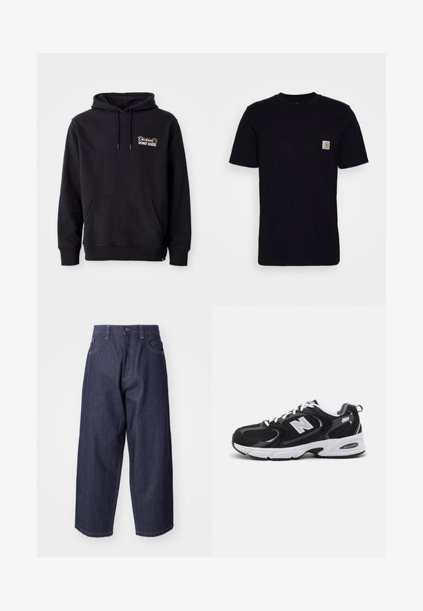 Schwarzer Hoodie aus Baumwollmischgewebe mit einer Vorderas pocket, gerippten Bündchen und einem gestickten Logo auf der linken Brust.; Schwarzes Baumwoll-T-Shirt mit kurzen Ärmeln, rundem Hals und einer Brusttasche, die mit einem kleinen, quadratischen Logo-Patch versehen ist. Einfaches, einfarbiges Design.; Dunkelblaue Denim-Jeans mit einem lockeren, weiten Schnitt. Zu den Merkmalen gehören ein Knopfverschluss, Fronttaschen und sichtbare Nähte.; Schwarze und graue Sportschuhe mit Obermaterial aus Mesh und Wildleder, ausgestattet mit einer weißen Zwischensohle, Schnürsenkeln und einem markanten "N"-Logo an der Seite.