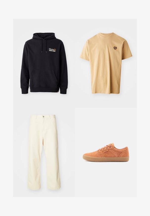 Sudadera negra de tejido de mezcla de algodón, con un bolsillo frontal, puños acanalados y un logo bordado en el lado izquierdo del pecho.; Camiseta de algodón beige con mangas cortas, cuello redondo y un pequeño logo de corazón marrón en el lado izquierdo del pecho. Textura suave, diseño casual.; Pantalones de pierna ancha color crema hechos de algodón, con cierre de botón, presillas para cinturón y dobladillo cosido. Textura suave, sin patrones visibles.; Zapatillas de gamuza marrón con una superficie texturizada, punta redonda y suela de goma. Presentan un diseño con cordones y acentos cosidos en los laterales.