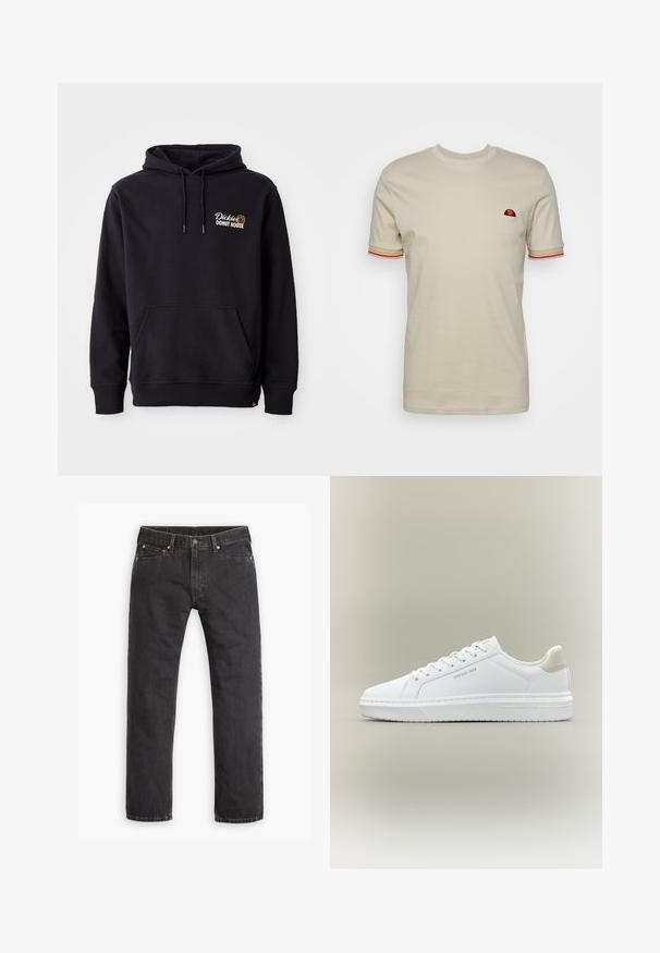 Sort hoodie lavet af bomuldsblandingsstof, med en lomme foran, ribbede manchetter og et broderet logo på venstre bryst.; Beige bomulds t-shirt med korte ærmer, ribbet rund hals og røde, gule og orange stribede detaljer på ærmerne. Har et broderet logo.; Sorte straight-leg denim jeans med fem lommer, knaplukning og copper nitter liggende fladt på en hvid baggrund.; Hvid lav sneakers med snørebånd, beige hælflap og guldbogstaver "GAP EST. 1969" på siden og sålen, mod en neutral baggrund.