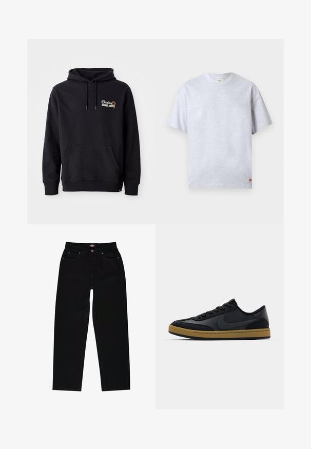 Schwarzer Hoodie aus Baumwollmischgewebe mit einer Vorderas pocket, gerippten Bündchen und einem gestickten Logo auf der linken Brust.; Schlichtes hellgraues T-Shirt mit kurzen Ärmeln und Rundhalsausschnitt, versehen mit einem kleinen rechteckigen Logotag am unteren rechten Saum.; Schwarze Jeans aus Denim im geraden Schnitt, mit fünf Taschen, braunen Nähten und einem Reißverschluss. Glatte Textur und hochwertiges Material.; Schwarze Ledersneaker mit niedrigem Design, Schnürverschluss, Gummisohle und gummikolorierten Akzenten. Verfügt über ein seitliches Logo und strukturierte Materialien.