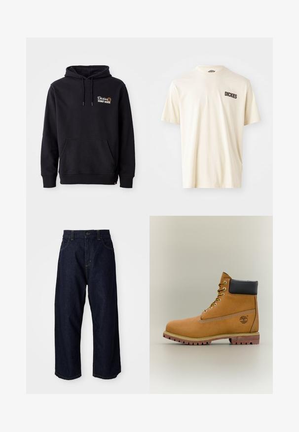 Schwarzer Hoodie aus Baumwollmischgewebe mit einer Vorderas pocket, gerippten Bündchen und einem gestickten Logo auf der linken Brust.; Hellbeige Baumwoll-T-Shirt mit kurzen Ärmeln und Rundhalsausschnitt. Mit einem dunkelbraunen Logo-Text "DICKIES" auf der linken Brustseite.; Dunkelblaue Jeanshose mit lockerer Passform, ausgestattet mit einem Knopfverschluss, Gürtelschlaufen und gelben Nähten an Taschen und Säumen.; Brauner Leder-Stiefelette mit schwarzem Kragen, gelben Schnürsenkeln und hellbrauner Sohle. Verfügt über ein Logo und weiße Ziernähe. Robuste Profilsohle.