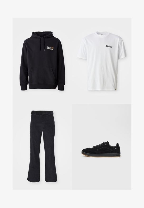Sudadera negra de tejido de mezcla de algodón, con un bolsillo frontal, puños acanalados y un logo bordado en el lado izquierdo del pecho.; Camiseta de algodón blanca con mangas cortas y cuello redondo. Presenta el logo negro de "Dickies" impreso en la parte izquierda del pecho.; Pantalones de pana negros con un corte relajado, que presentan una cinturilla clásica y piernas acampanadas, textura suave y sin patrones o acentos visibles.; Zapatillas negras de gamuza con suela de goma lisa, diseño de corte bajo, cordones redondos y detalles de costuras sutiles.