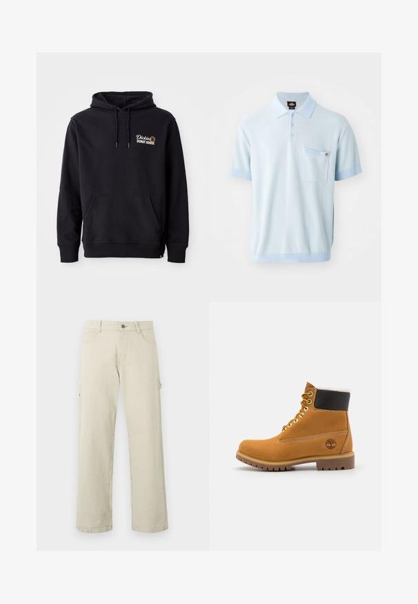 Sort hoodie lavet af bomuldsblandingsstof, med en lomme foran, ribbede manchetter og et broderet logo på venstre bryst.; Lyseblå polo skjorte med tekstureret stof, tre knapper, korte ærmer med kontrastfarvede manchetter og en brystlomme.; Beige og hvide, lodrette, stribede bukser med lige ben, knaplukning, bæltestropper og sidelommer, vist på en ensfarvet baggrund.; Brune læder ankelstøvle med metaløjer, hvid pelsforing, sort polstret krave, robust sål og præget logo på siden.