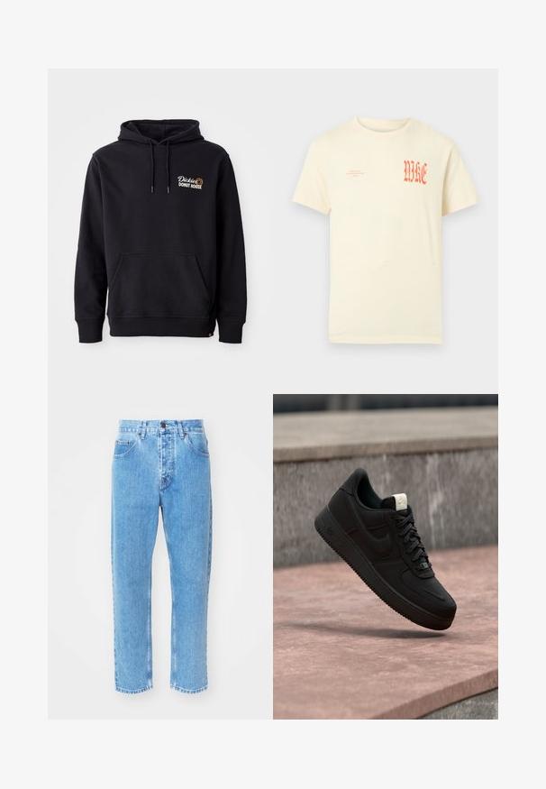 Schwarzer Hoodie aus Baumwollmischgewebe mit einer Vorderas pocket, gerippten Bündchen und einem gestickten Logo auf der linken Brust.; Cremefarbenes T-Shirt mit kurzen Ärmeln, auf der linken Brust mit kleinem orangem Schriftzug "NIKE AIR INCORPORATED 1972" und auf der rechten Brust mit großem stilisiertem "NIKE".; Hellblaue Denim-Jeans verfügen über ein gerades Bein-Design, fünf Taschen und einen klassischen Knopfverschluss am Bund.; Schwarzer Nike Air Force 1 Sneaker, der über einer rosa Betonkante mit grauem Stein-Hintergrund schwebt und Seiten- sowie Oberseiten-Details zeigt.
