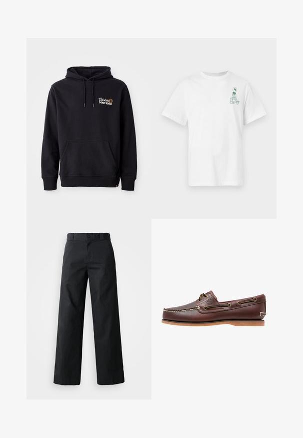 Sort hoodie lavet af bomuldsblandingsstof, med en lomme foran, ribbede manchetter og et broderet logo på venstre bryst.; Hvid T-shirt med korte ærmer og lille grøn rumvæsen-grafik, der bærer tasker, på venstre brystområde.; Sorte brede bukser lavet af bomuld. Har en knaplukning, bæltestropper og sidelommer. Glat tekstur med en skræddersyet pasform.; Brun læder bådsko med hvide sømme, snøre detaljer og lysbrun gummisål, vist fra siden på hvid baggrund.