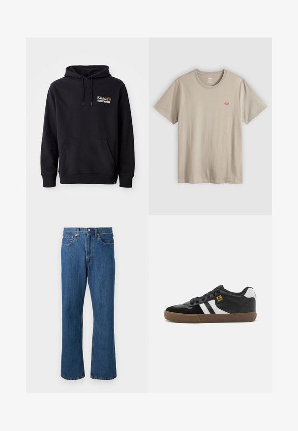 Sort hoodie lavet af bomuldsblandingsstof, med en lomme foran, ribbede manchetter og et broderet logo på venstre bryst.; Beige bomulds-t-shirt med korte ærmer, rund hals og lille rødt Levi's logo på venstre bryst. Glat tekstur, afslappet design.; Blå straight-leg denim jeans med frontknap og lynlås, fem lommer og orange syninger på en ensfarvet baggrund.; Sorte og hvide sneakers med overdel i ruskind og læder, der har hvide striber, sorte snørebånd og en brun gummisål. Guld logo detaljer.