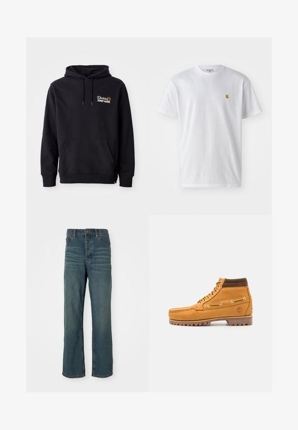 Sudadera negra de tejido de mezcla de algodón, con un bolsillo frontal, puños acanalados y un logo bordado en el lado izquierdo del pecho.; Camiseta de algodón blanca con mangas cortas, cuello redondo, que presenta un pequeño logo dorado en la parte izquierda del pecho. Textura suave y corte regular.; Jeans de mezclilla azul con un diseño de pierna recta, que cuentan con cinco bolsillos, un cierre de botón y un ligero desgaste en la parte frontal.; Timberland AUTHENTIC MID LACE BOOT - Botines con cordones - wheat