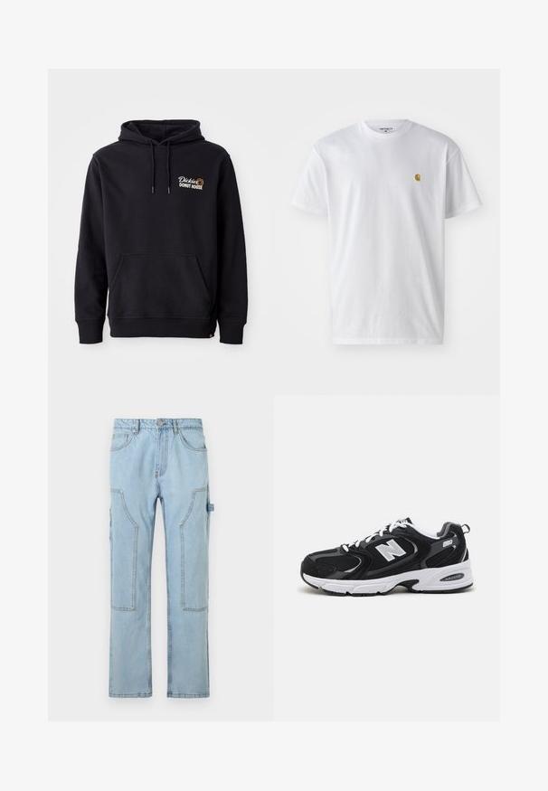 Sudadera negra de tejido de mezcla de algodón, con un bolsillo frontal, puños acanalados y un logo bordado en el lado izquierdo del pecho.; Camiseta de algodón blanca con mangas cortas, cuello redondo, que presenta un pequeño logo dorado en la parte izquierda del pecho. Textura suave y corte regular.; Pantalones cargo de mezclilla azul claros con pernera recta, que cuentan con grandes bolsillos laterales, costuras en contraste y un cierre de botón en la cintura.; Zapatillas deportivas en negro y gris con parte superior de malla y ante, que cuentan con una entresuela blanca, cordones y un llamativo logo "N" en el lateral.