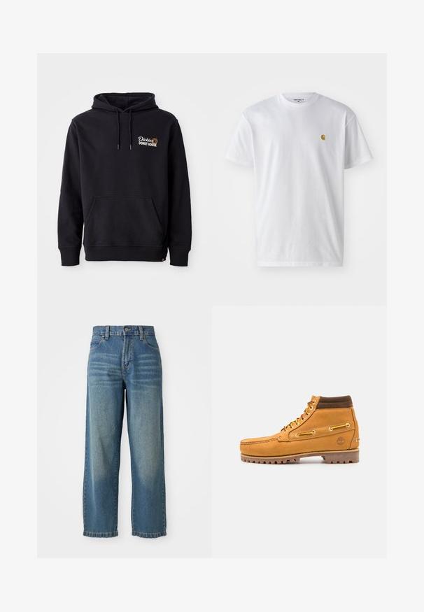 Sudadera negra de tejido de mezcla de algodón, con un bolsillo frontal, puños acanalados y un logo bordado en el lado izquierdo del pecho.; Camiseta de algodón blanca con mangas cortas, cuello redondo, que presenta un pequeño logo dorado en la parte izquierda del pecho. Textura suave y corte regular.; Jeans de mezclilla ancha de color azul claro con una cintura alta, cinco bolsillos y un acabado ligeramente desgastado. Cuenta con un cierre de botón y cremallera.; Timberland AUTHENTIC MID LACE BOOT - Botines con cordones - wheat