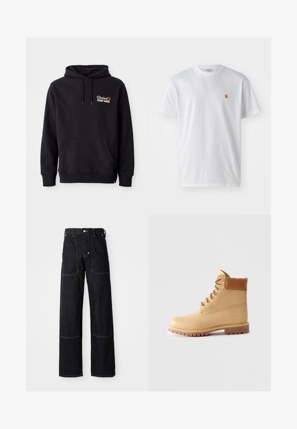 Zwarte hoodie van een katoenmix, met een voorzak, ribbelkanten manchetten en een geborduurd logo op de linkerborst.; Witte katoenen t-shirt met korte mouwen en ronde hals, voorzien van een klein gouden logo op de linkerkant van de borst. Zachte textuur en een normale pasvorm.; Donkerblauwe spijkerbroek met rechte pijpen, voorzien van gele stiksels en voorzakken. De stof lijkt stevig en gestructureerd.; Lichtbruine leren enkellaars met gevoerde kraag, gouden oogjes, tankleurige veters en een dikke profielzool op een effen lichte achtergrond.