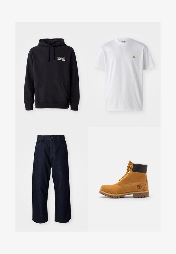 Sudadera negra de tejido de mezcla de algodón, con un bolsillo frontal, puños acanalados y un logo bordado en el lado izquierdo del pecho.; Camiseta de algodón blanca con mangas cortas, cuello redondo, que presenta un pequeño logo dorado en la parte izquierda del pecho. Textura suave y corte regular.; Pantalones de mezclilla azul oscuro con un corte relajado, que cuentan con una cremallera de botón, trabillas para cinturón y costuras y bolsillos con pespuntes amarillos.; Botín de cuero marrón con ojales de metal, forro de piel sintética blanca, cuello acolchado negro, suela resistente y logotipo en relieve en el costado.