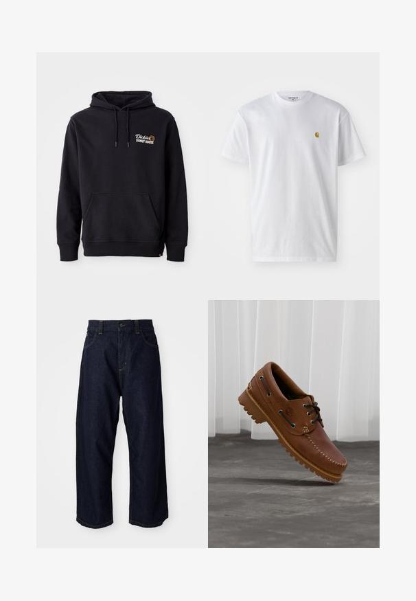 Sort hoodie lavet af bomuldsblandingsstof, med en lomme foran, ribbede manchetter og et broderet logo på venstre bryst.; Hvid bomulds t-shirt med korte ærmer, rund hals og et lille guld logo på venstre brystområde. Blød tekstur og almindelig pasform.; Mørkeblå denimbukser med en afslappet pasform, der har en knapclosure, bæltestropper og gule syninger på lommer og sømme.; Brun læder bådsko med sorte snørebånd, beige syninger og en robust sål, hængende over en grå betongulv.