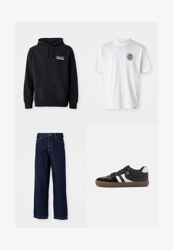 Sudadera negra de tejido de mezcla de algodón, con un bolsillo frontal, puños acanalados y un logo bordado en el lado izquierdo del pecho.; Camiseta de algodón blanca con un logo redondo en el pecho. Cuello redondo, mangas cortas, corte relajado, con acentos en rojo y negro.; Jeans de pierna ancha de color azul oscuro, hechos de denim, con corte recto, diseño de cinco bolsillos y costuras de acabado a lo largo del dobladillo.; Zapatillas en blanco y negro con parte superior de ante y cuero, que presentan franjas blancas, cordones negros y una suela de goma marrón. Acentos de logo dorados.
