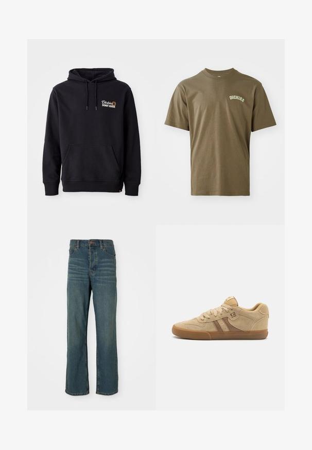 Schwarzer Hoodie aus Baumwollmischgewebe mit einer Vorderas pocket, gerippten Bündchen und einem gestickten Logo auf der linken Brust.; Olivgrünes Baumwoll-T-Shirt mit kurzen Ärmeln, Rundkragen und einem kleinen weißen "Dickies"-Logo auf der linken Brust. Glatte Textur.; Blaue Jeans aus Denim mit geradem Bein, fünf Taschen, Knopfverschluss und leichter Ausbleichung an der Vorderseite.; Beige Wildlederschuhe mit runder Zehenform, Schnürverschluss und einem braunen Akzentstreifen. Gummisohle mit strukturiertem Grip. Einfaches Logo an der Seite.