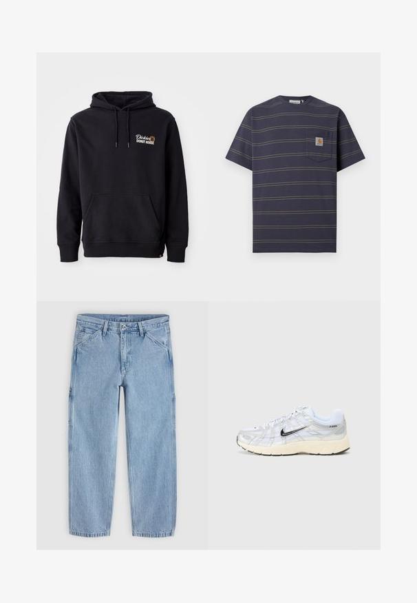 Zwarte hoodie van een katoenmix, met een voorzak, ribbelkanten manchetten en een geborduurd logo op de linkerborst.; Navyblauw T-shirt met korte mouwen met dunne gele horizontale strepen en een klein borstzakje met een Carhartt-logo.; Lichtblauwe jeans met rechte pijpen, een knoop aan de voorkant, rits, riemlussen en schuine voorkantzakken op een effen achtergrond.; Witte mesh sneakers met zilveren accenten, zwarte Nike swoosh, gevoerde kraag en een gestructureerde zool. Bevat een gelaagd ontwerp voor stabiliteit.